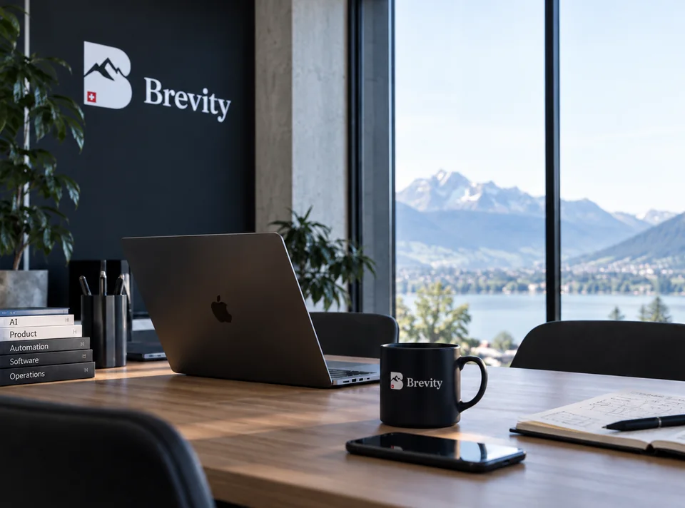A desk at Brevity with a laptop and a view of the lake and mountains